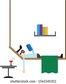 Modern flat graphic illustration of modern office working space with employee staff worker laying down and chill while reading in holiday mood