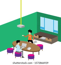 Modern flat graphic illustration of modern office working space with employee staff worker laying down and chill while reading in holiday mood