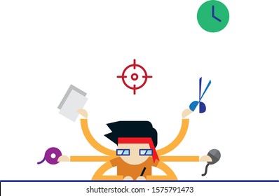 Modern flat graphic illustration of modern office working space with employee staff worker multitasking with an accurate aim