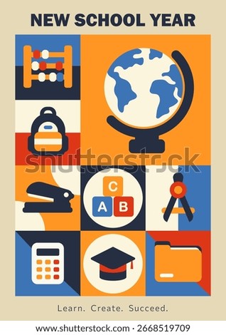 Modern flat greeting card or poster design for new school year. Banner with geometric educational icons: globe, backpack, calculator, ABC blocks, compass, diploma. Vibrant, geometric art style
