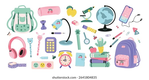 A modern, flat, hand-drawn set of school supplies, books, headphones and a phone on a white background. Vector design.