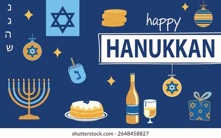 Ilustração moderna plana de Chanucá com símbolos tradicionais: menorá, sufganiyah, velas, dreidel, moedas e garrafa de vinho, perfeito para a decoração judaica sazonal.