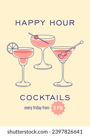 Modern flat happy hour cocktails print. Colorful background with cocktail glasses. Cafe, bar and restaurant concept poster and web banner. Vector illustration