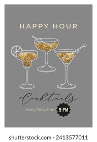 Modern flat happy hour cocktails print. Colorful background with cocktail glasses. Cafe, bar and restaurant concept poster and web banner. Vector illustration.