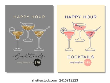 Modern flat happy hour cocktails prints set. Colorful background with cocktail glasses. Cafe, bar and restaurant concept poster and web banner. Vector illustrations.