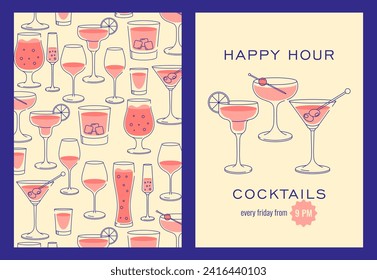 Moderne Cocktails mit flacher Happy Hour-Note. Farbiger Hintergrund mit Cocktailbrille. Cafe, Bar und Restaurant Concept Poster und Web-Banner. Vektorgrafiken.