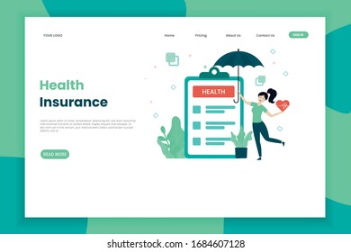 Modern flat health insurance illustration landing page template for site. Landing page template