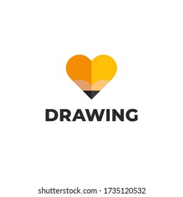 Modernes flaches Herzstiftlogo für das Zeichnen von Schulen oder Kursen, Online-Bildung. Love Zeichnung, Schreibwaren Logo. Student, Skizzen, Notizen, Kreativität, bearbeiten app Icon.