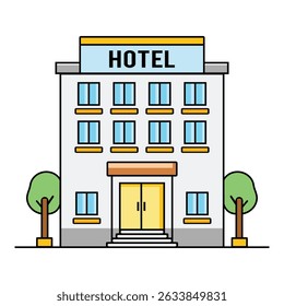 Modern Flat Hotel Building Vector Illustration – Front View Architecture for Travel and Tourism Design