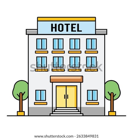 Modern Flat Hotel Building Vector Illustration – Front View Architecture for Travel and Tourism Design