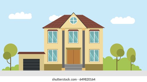 Modern Flat House. Front Of the House. Line Art. Vector