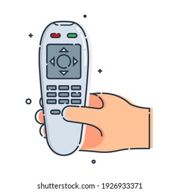 Modern flat icon with black hand remote control on white background for lifestyle design. Fingers press the keys of the controller device. Channel switch. Color image. Outline style. Vector.
