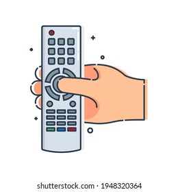 Modern flat icon with black hand remote control on white background for lifestyle design. Fingers press the keys of the controller device. Channel switch. Color image. Outline style. Vector.
