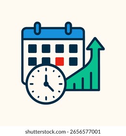 Un moderno icono plano de un calendario, reloj y flecha de crecimiento, que simboliza la planificación estratégica, los plazos y el progreso del negocio. Este gráfico de Vector es perfecto para presentaciones, infografías y proyectos