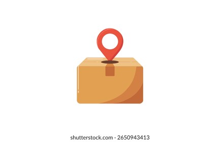 Modernes flaches Symbol einer Pappverpackungsbox mit einem roten Positionsstift oben, der Versand, Paketverfolgung oder Lieferservice symbolisiert. Ideal für Logistik, Kurier-Apps, E-Commerce-Websites, Versand