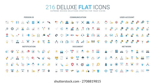 Modern flat icon collection covers person identification, communication, user account, notification, document, and network concepts in digital business isolated vector illustration