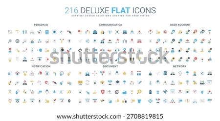 Modern flat icon collection covers person identification, communication, user account, notification, document, and network concepts in digital business isolated vector illustration