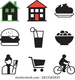 Modern flat icon collection featuring home, real estate, food, beverages, shopping, customer support, cycling, and ecommerce symbols. Clean vector icons isolated on white background for websites, mobile apps, dashboards, and branding