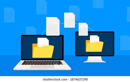 Icono plano moderno con transferencia de archivos en fondo blanco. Vector de icono de documento. Vector isométrico.
