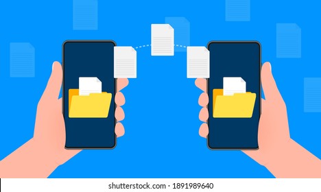 Modern flat icon with file transfer from smartphone to smartphone on blue background. Document icon vector. Isometric vector.
