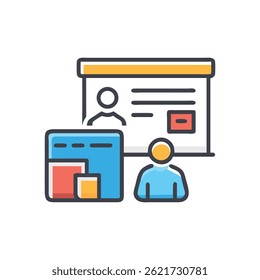 Una ilustración moderna de icono plano de una pantalla de presentación con figuras y gráficos para conceptos relacionados con los negocios.