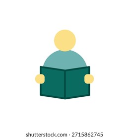 Icono plano moderno de una persona leyendo un libro. Ilustración vectorial vibrante perfecta para App de la educación, Sitios web de Biblioteca, plataformas de aprendizaje electrónico y proyectos de alfabetización. De alta calidad.