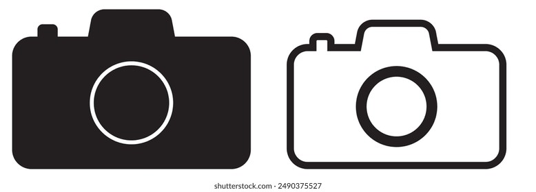 Moderna cámara de fotos de icono plano. Fotografía. Conjunto de señales de cámara de fotos.
