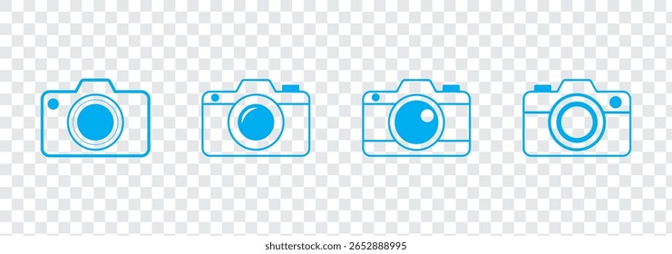 Moderna câmera de fotos de ícone plano. Fotografia. Conjunto de sinais de câmera fotográfica.