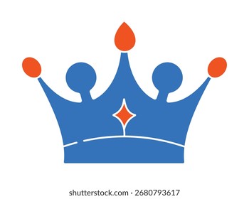 A modern, flat icon of a royal crown in vibrant blue and orange. This simple symbol represents royalty, victory, and leadership. Perfect for logos, awards, and success-themed designs.
