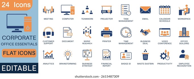 Modern flat icon set featuring 24 colorful corporate and office-related icons. Includes business tools, time management, teamwork, documents, and workplace essentials. Fully editable vector file.