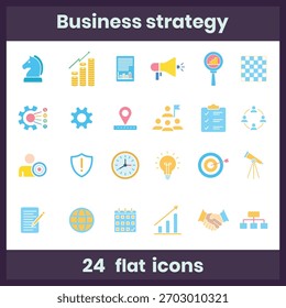 Moderno conjunto de iconos planos con Elementos esenciales de estrategia de negocio, incluyendo planificación, crecimiento, análisis, trabajo en equipo, marketing, objetivos, liderazgo, productividad y gestión. Perfecto para el Web, App.