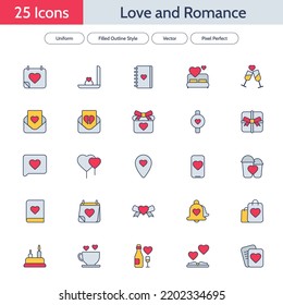 A modern and flat icon set in a filled outline style, featuring various Valentine's Day, love, and romance icons, perfect for contemporary designs.