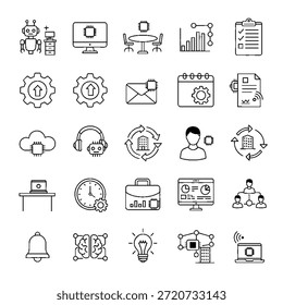 Conjunto de iconos planos modernos que ilustran la inteligencia artificial en entornos de oficina y lugar de trabajo. Perfecto para negocios, Sitios web corporativos, App móviles, presentaciones, diseño de interfaz de usuario y proyectos relacionados con la tecnología.