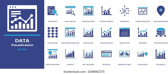 A modern flat icon set on data visualization with charts, graphs, analytics, and metrics. Perfect for dashboards, infographics,and reporting tools.