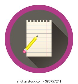 modern flat icon with sheet of paper and pensil wiwth eraser and shadow