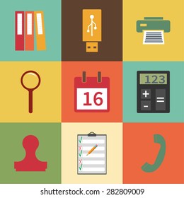 Modern flat icon stationery set. Binders, printer icon, fax, usb flash drive, magnify icon, loupe, lupa, event icon,  calendar page, calculator, handset  phone, stamp, clipboard