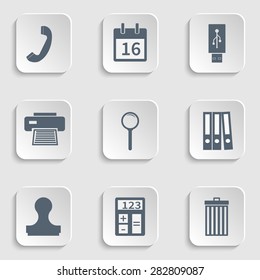 Modern flat icon stationery set, calendar page, usb flash drive, handset  phone, printer, fax, magnify, binders, stamp, clipboard, trash can, trash bin, calculator