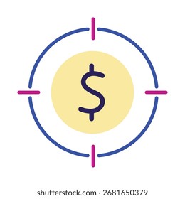 Icono plano moderno de un objetivo con un Iniciar sesión de dólar en el centro. Un símbolo simple que representa los objetivos financieros, la inversión y los objetivos comerciales. Aislado en un fondo blanco.
