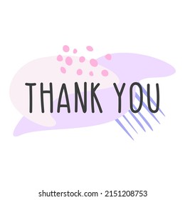 Modern flat icon template illustration with text Thank you in pink, soft blue, purple and dark gray or black with spots, shapes, lines and dots decoration for  cards, banners, posters, stickers