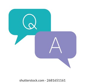 Um ícone plano moderno com dois balões de fala para perguntas e respostas Este gráfico colorido simboliza a comunicação, o suporte, as entrevistas e as seções de FAQ. Isolado em um fundo branco.
