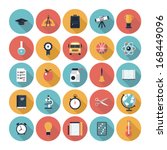 Modern flat icon vector illustration collection with long shadow in stylish colors on high school and college education with teaching and learning symbol and object. Isolated on white background. 
