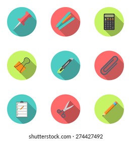 Modern flat icon vector illustration collection with long shadow. Stapler, scissors, clip, stationery knife, notebook, calculator, pencil, button, stationery set Symbol and object. Isolated