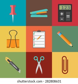 Modern flat icon vector illustration collection. Stapler, clipboard, scissors, clip, stationery knife, notebook, calculator, pencil, button, stationery set Symbol and object