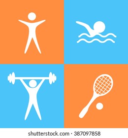 Modern flat icon vector illustration collection in stylish colors .  For colleges, schools, sports clubs. Isolated symbols of sport and a healthy lifestyle. Swimmer, tennis racket, ball, weightlifter.