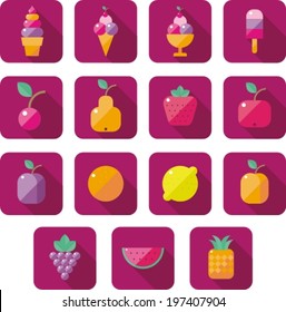 modern flat icons collection with ice cream and fruits
