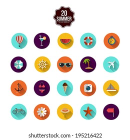 Modern Flat Icons Collection With Long Shadow Effect Of Traveling, Tourism,food, Drinks  And Vacation Theme. Vector