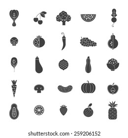 Modern flat icons with different vegetables and fruits. Green organic veggies symbols for web pages, menu and ither healthy lifestyle designs.