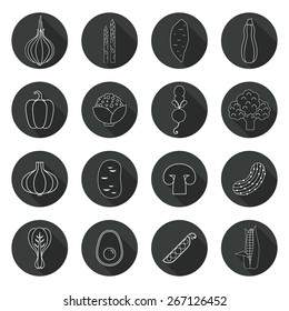 Modern flat icons with different vegetables. Green organic veggies symbols for web pages, menu and ither healthy lifestyle designs.