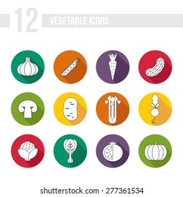 Modern flat icons with different vegetables. Green organic veggies symbols for web pages, menu and ither healthy lifestyle designs.
