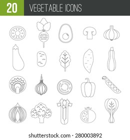 Modern flat icons with different vegetables. Green organic veggies symbols for web pages, menu and other healthy lifestyle designs.